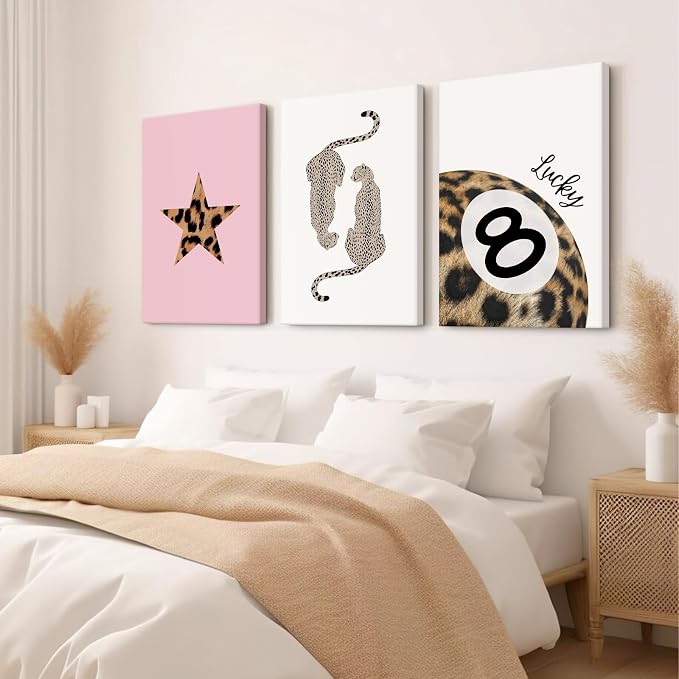 Leopard Wall Art Cheetah Canvas Prints Lucky 8 Ball Wall Decor Fashion Leopard Poster Aesthetic Pictures Trendy Cheetah Painting Preppy Artwork for Living Room Bedroom 12x16x3 Inch Ready to Hang
