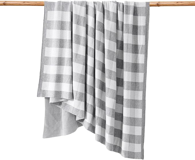 BOV Knit Checkered Throw Blanket - 100% Viscose Silky Super Soft Breathable Lightweight Decorative Throw Blanket for Year-Round Comfort, Perfect Self Care Gifts for Women & Men, Heather Grey 50"x60"