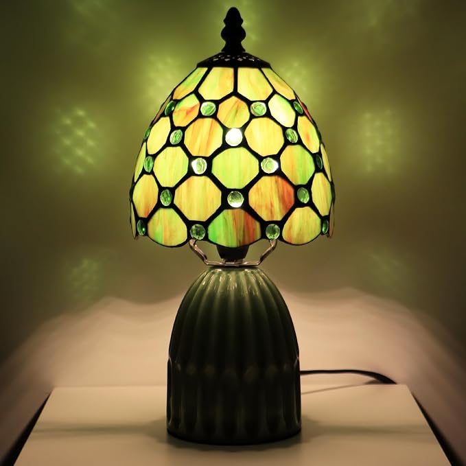 Tiffany Stained Glass Mushroom Table Lamp 12.5 Inch -Brownish Green | Tiffany Lamp,6X6X12.5 Inch,Small Night Light,Ceramic Base, Mini Accent Light Suitable,Bedside,Bedroom, Children Room,Antique
