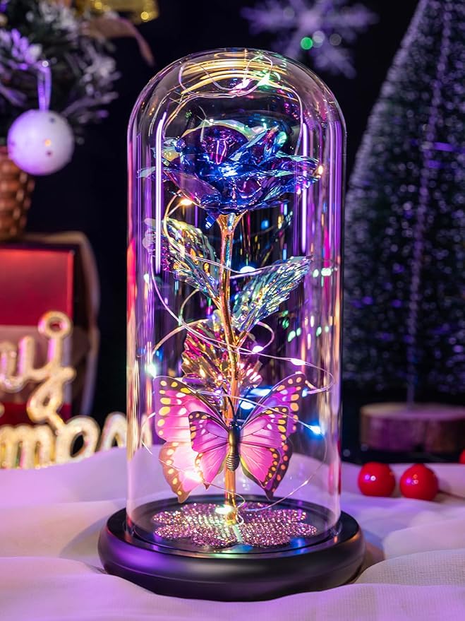 Mothers Day Mom Gifts for Mom Women Birthday Gift Galaxy Glass Rose in Glass Dome Forever Eternal Crystal Flowers with Butterfly Mother's Day Flower Gifts for Women Wife Grandma Daughter Sister Purple