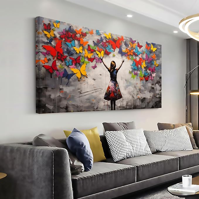 Graffiti Girl Wall Art for Living Room Canvas Oil Painting Prints Beautiful Butterfly Dream Art Deco Modern Artwork Office Bedroom Girls Dormitory Dining Room Decor Extra Large