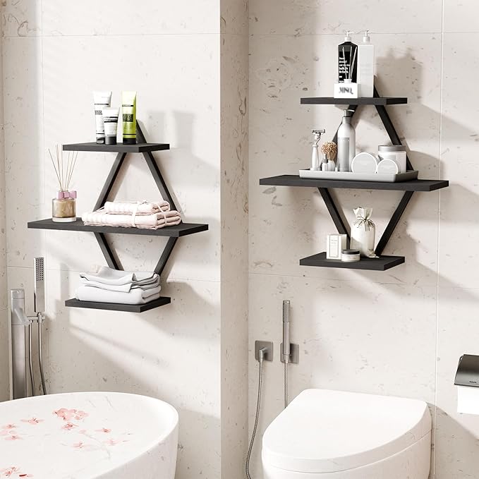 Floating Shelves, Wall Shelf Set of 2, Wall Mounted Shelves, 3-Tier Hanging Wall Shelves for Bathroom, Living Room, Bedroom, Kitchen, Office (Black)