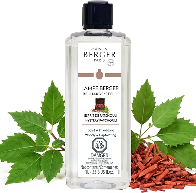 Maison Berger Mystery Patchouli Lampe Berger Refill, 1 Liter (33.8 fl oz), 2-in-1 Catalytic System, Neutralizes Odors and Diffuses Fragrance, Rose, Blackcurrant, Patchouli, Sandalwood, Made in France