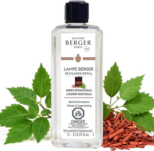 Maison Berger Mystery Patchouli Lampe Berger Refill, 1 Liter (33.8 fl oz), 2-in-1 Catalytic System, Neutralizes Odors and Diffuses Fragrance, Rose, Blackcurrant, Patchouli, Sandalwood, Made in France