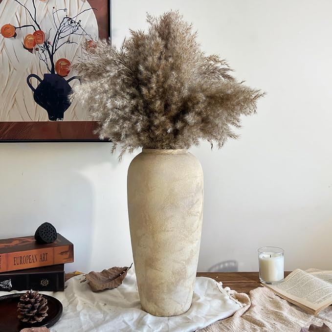 Ceramic Rustic Farmhouse Vase, 15 Inch Beige Flower Vases for Home Decor, Rustic Pottery Vase for Table Centerpieces & Living Room, Farmhouse Ceramic Vases for Entryway & Wedding Gifts