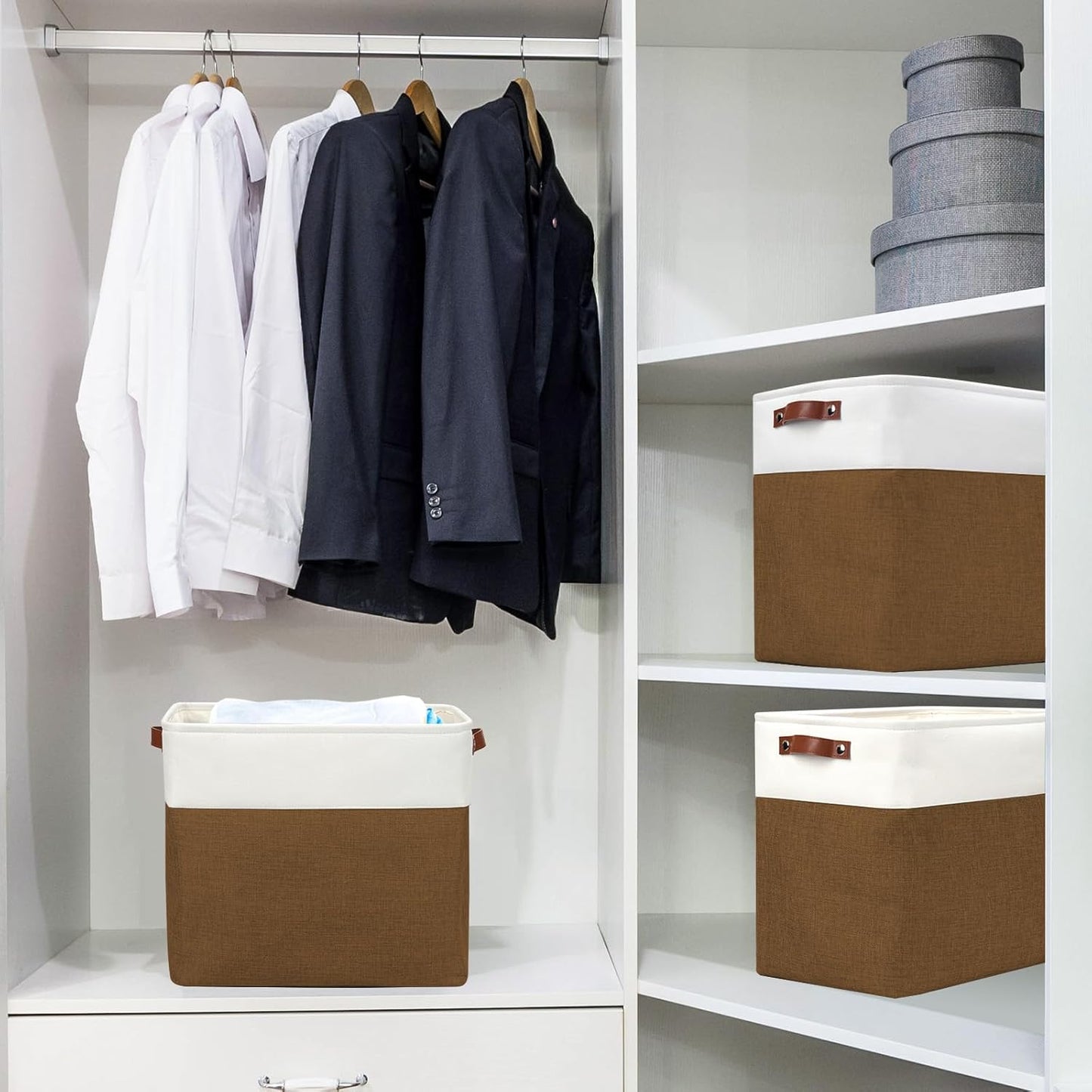 Large Fabric Storage Baskets | 50L Storage Bins, Decorative Linen Closet Baskets with Handles for Organizing, Shelf, Toys, Clothes, Home, Office, Nursery, 17x12x15Inches (Brown&White)