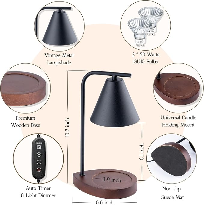 Marycele Candle Warmer Lamp with Timer Black, Birthday Gifts for Women Men, House Warming Gifts New Home Decor Aesthetic Black Walnut, Electric Dimmable Wax Melt Warmer for Jar Candles
