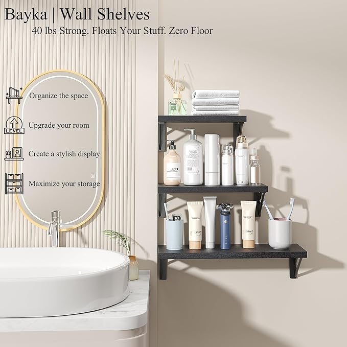 BAYKA Wall Mounted Floating Bathroom Shelves, Wood Wall Shelf for Books & Decor, Space-Saving Display & Organizer (Black, Set of 4)