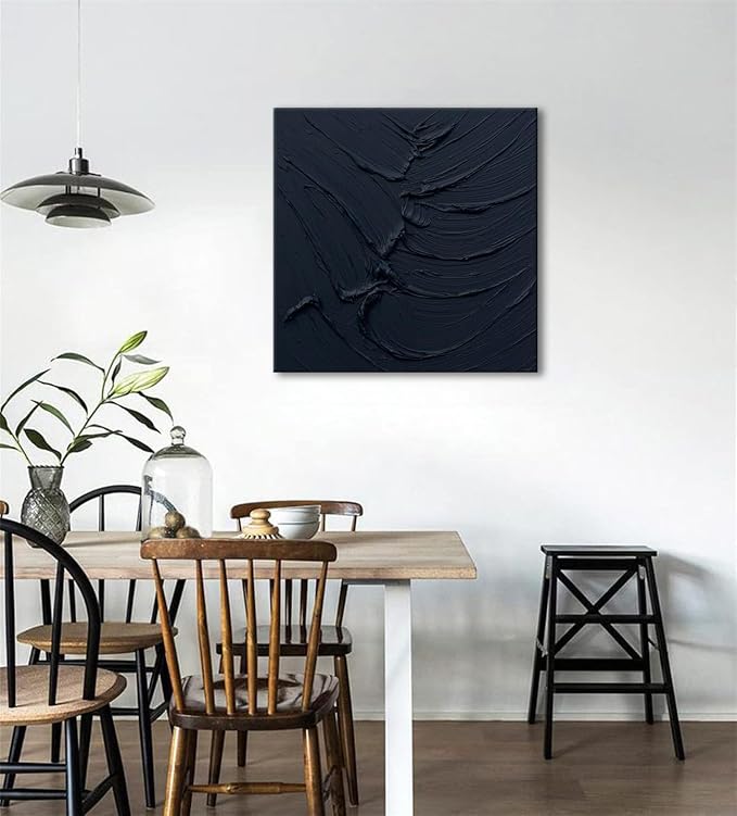 zoinart Black Textured Wall Art, 20x20 Hand Painted Abstract Oil Paintings on Canvas, Thick Texture Black Minimalist Contemporary Art