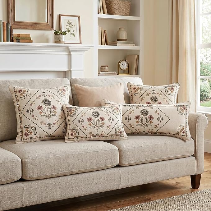 ISAENNE Designer Linen Throw Pillow Cover,Set of 2,20"x12"-Cornucopia B | Elegant French Rectangle Pillow Cover,Concealed Zipper Design,Floral Pattern,Sofas,Bedroom,Living Room,Lounge Chairs