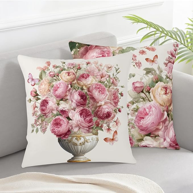 Rose Flower Pillow Covers Spring Summer Pink Floral Pillow Cases Peony Throw Pillow Covers 24x24 Set of 2 Shabby Chic Farmhouse Cushion Cases for Home Bedroom Living Room Decor