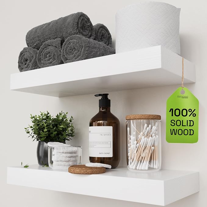 Solid Wood Floating Shelves for Wall 16 inch White, Wooden Bathroom Shelf | Real Wood, Wall Mounted, Floating Shelf for Bathroom, Kitchen Bedroom Farmhouse, White Finish, 16W x 6.7D, Set of 2