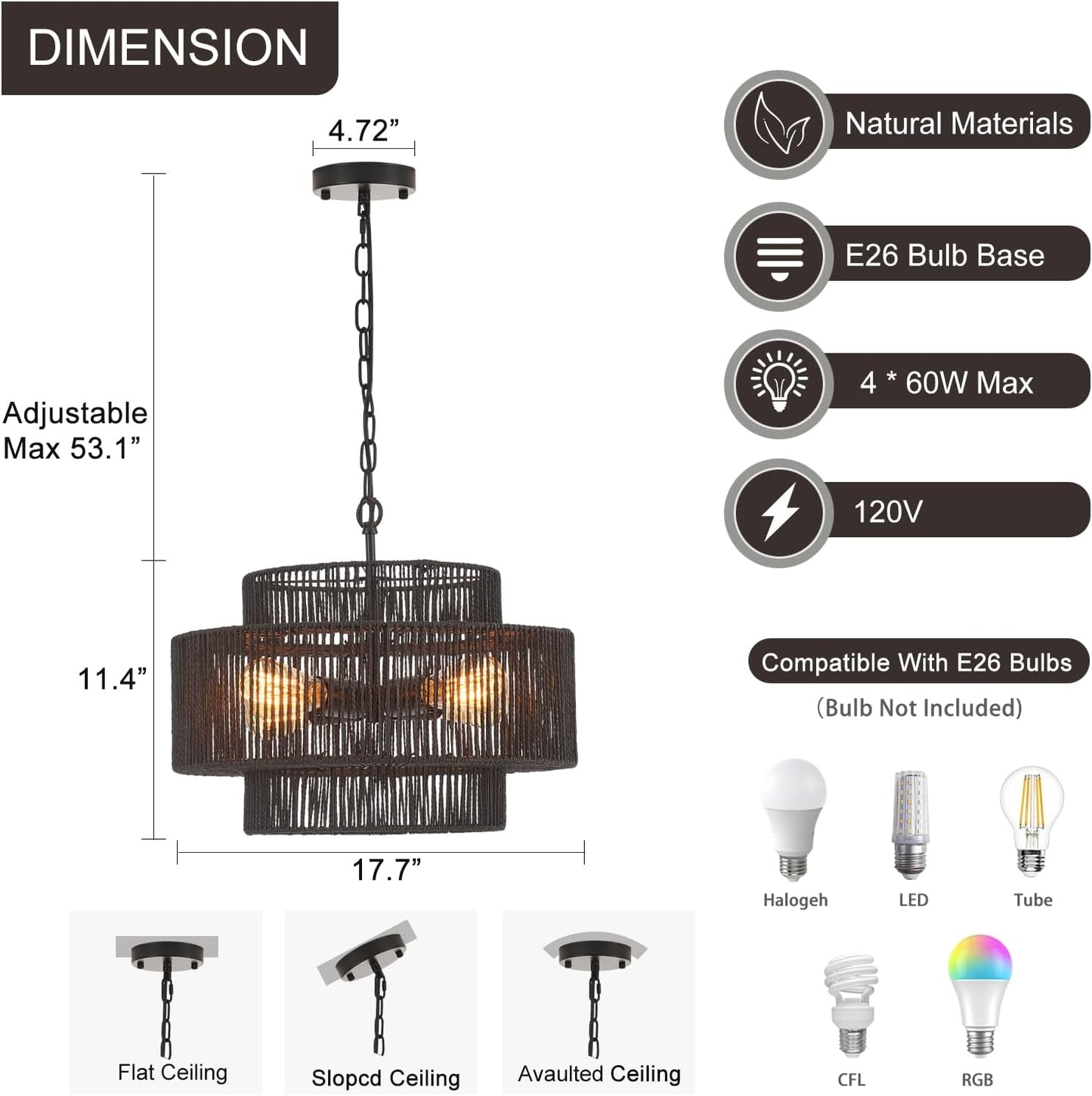 17.7" Rattan Chandelier Light Fixture Vintage 4-Lights Farmhouse Boho Hand-Woven Bamboo Chandelier Retro 3-Tier Drum Wicker Rattan Black Chandeliers for Dining Room, Kitchen, Bedroom,Foyer