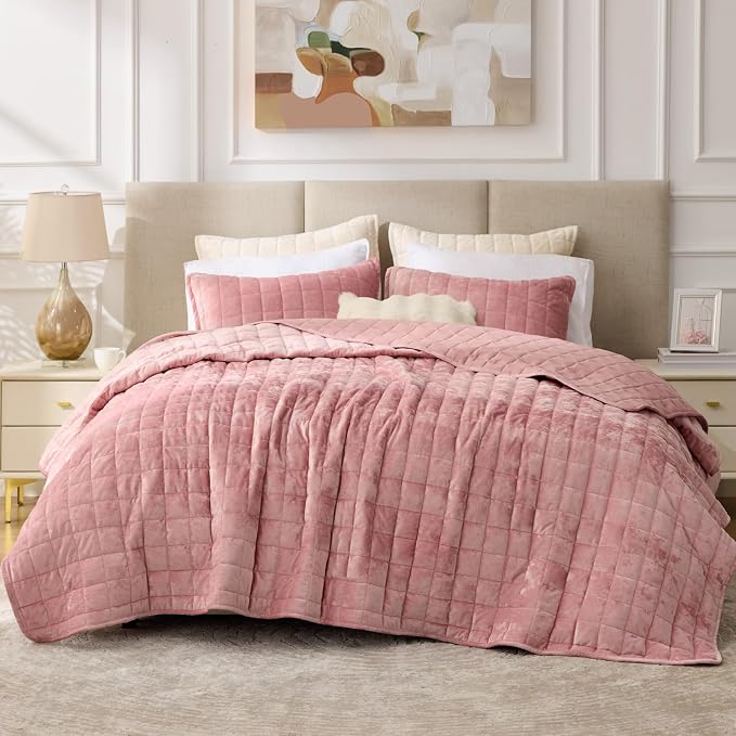 BEDELITE Velvet Quilt Set Queen Size - Luxury Soft Velvet Comforter Bedding Set for All Season, Lightweight Quilted Box Stitch Oversized Bedspread Coverlet with 2 Matching Shams, Rose Pink