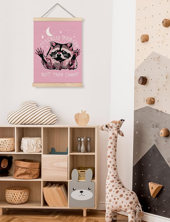 Foritho Funny Motivational Raccoon Meme Poster Wall Art Framed for Office Dorm Home, Sarcastic Work Trash Panda Office Canvas Prints Wall Decor for Coworkers Women Men, 12x16 Inch - Pink