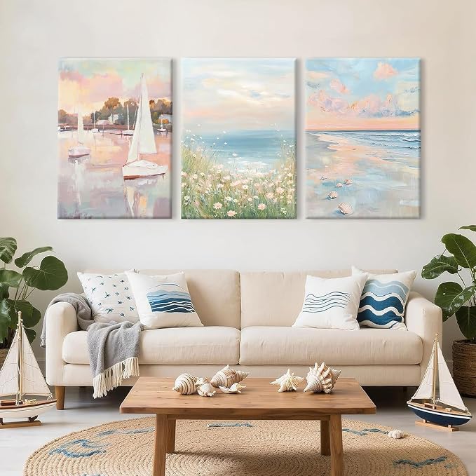 Pink Coastal Wall Art Coquette Beach Canvas Poster Summer Beachy Wall Decor Trendy Pastel Ocean Pictures Preppy Painting Wildflower Prints Sailboat Artwork for Girls Bedroom 16x24 Inch Ready to Hang