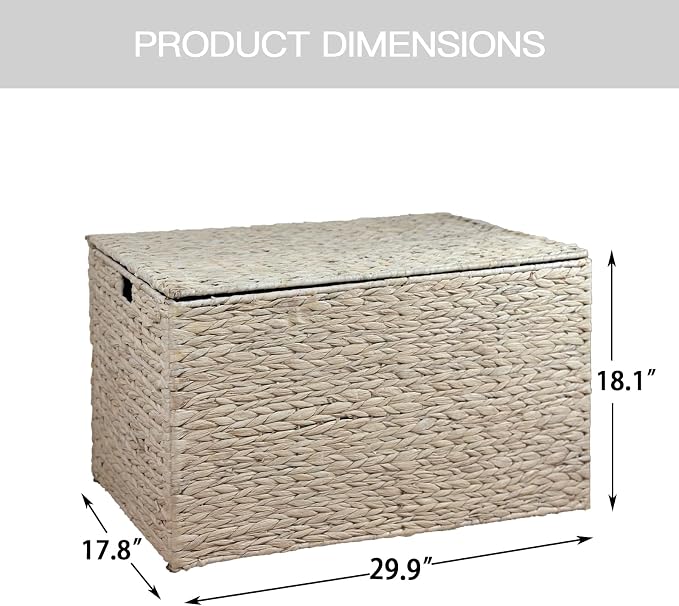 Water Hyacinth Storage Basket with Lid, 42.3 Gallon (160L) Wicker Storage Trunk with Handles, Handwoven Wicker Storage Basket for Blanket, Foldable, for Living Room, Laundry Room, White