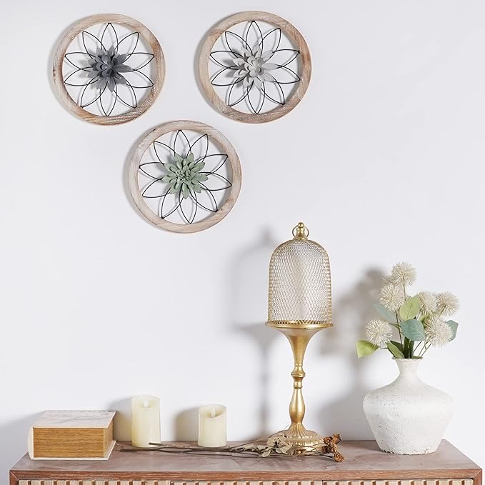 Paquesta 3 Piece Round Farmhouse Wall Decor with 6 Piece Interchangeable Flowers 15.75'' Medallion Wood & Metal Rustic Wall Art for Living Room Bedroom Kitchen Bathroom Dining Room Home Decorations (large black wheel)