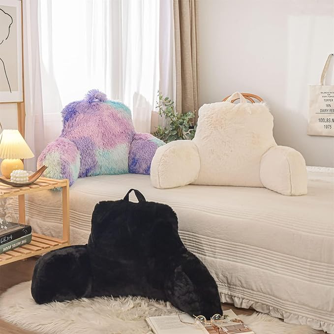 A Nice Night Faux Fur Reading Pillow Bed Wedge Large Adult Children Backrest with Arms Back Support for Sitting Up in Bed/Couch for Bedrest,Black