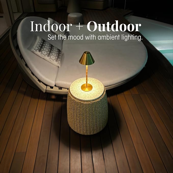 Bamboo Cordless LED Table Lamp – Rechargeable 24-Hour Battery, Dimmable Warm Light, 15" Portable Wireless Lamp with Remote for Indoor/Outdoor Use, Home, Patio, Restaurant – Polished Gold