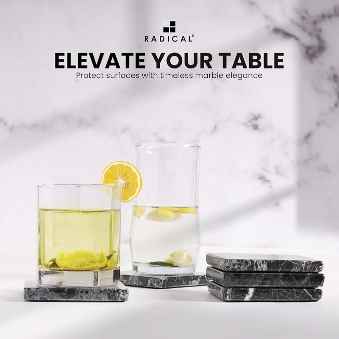 Radicaln Black Marble Coasters Set of 6 Handmade 3.5" Inch Square Coasters for Drinks, Ideal Coaster Set for Home & Kitchen Table Decor