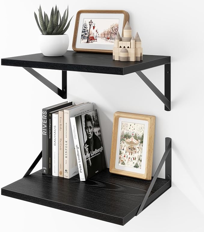 Acovy Deep Floating Shelves Wall Mounted, 16"x12" Black Wall Shelves with Brackets Set of 2 for Bedroom, Living Room, Bathroom, Kitchen, Office - Storage & Display Shelf for Decor, Books, Plants