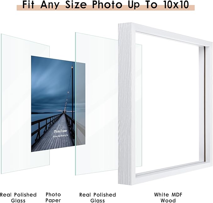 MUYE 10x10 Floating Frame Set of 2,Double Real Glass Square Photo Frame,Display Any Size Photo up to 10x10,Wall Mount or Tabletop Standing,White