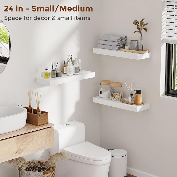Heimlove 44 Inch Floating Shelves for Wall 8 Inch Deep White Shelves Set of 2,Wall Mounted Rustic Wood Long Floating Shelf，Large Display & Storage Shelf with Invisible Brackets