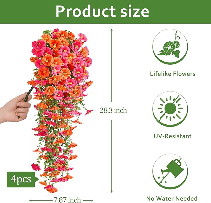 Serwalin Artificial Hanging Flowers for Outdoors Faux Plants, 4PCS Faux Morning Glory Fake Outdoor Flowers UV Resistant Realistic Silk Flower for Outside Planter Front Door Porch Patio Yard Decor