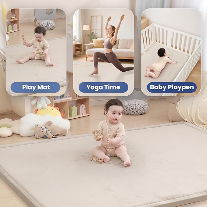 Huloo Sleep Baby Play Mat for Floor,1.3" Thick Memory Foam Tummy Time Mat,Soft Coral Velvet Nursery Rug,Extra Large Non Slip for Crawling,Toddlers,Infants,Kids,Tatami Style for Living Room(Beige)