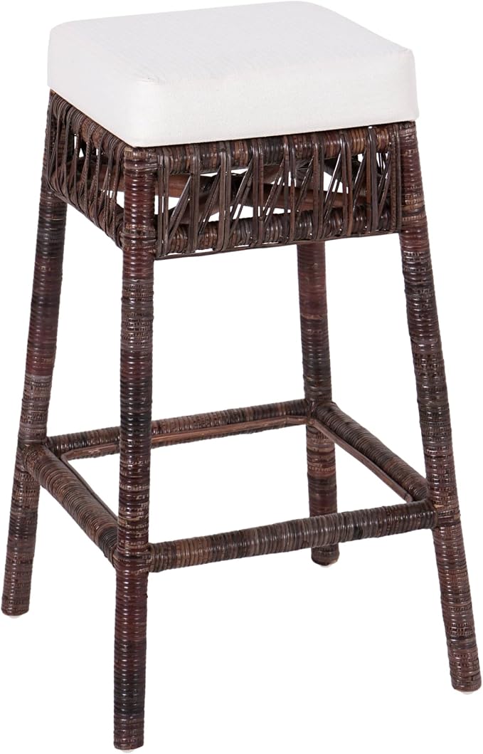 JONATHAN Y Bali 29.5" Woven Rattan Backless Bar Stool with Cushion, Bohemian Dark Brown Stool with Footrest for Kitchen Island, Home Bar, and Dining Room BSL1100A