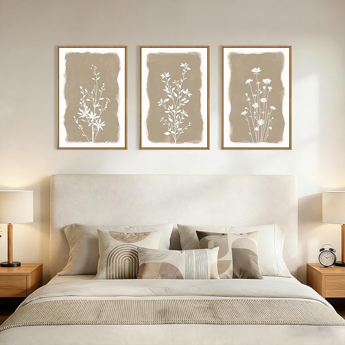 Neutral Beige Floral Silhouette Framed Canvas Wall Art Set,Modern Boho Minimalist Botanical Wildflower Wall Decor,Vintage Natural Creamy Flower Artwork for Living Room,Farmhouse-16 x24 x3
