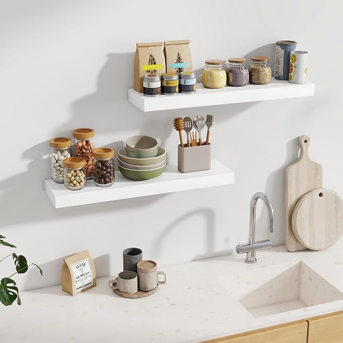 Fun Memories 30Inch Floating Shelves for Wall, 2 Pack Rustic Wood Shelves for Bathroom|Kitchen Wall Mounted Floating Shelf with Invisible Brackets for Books|Storage|Decor,White
