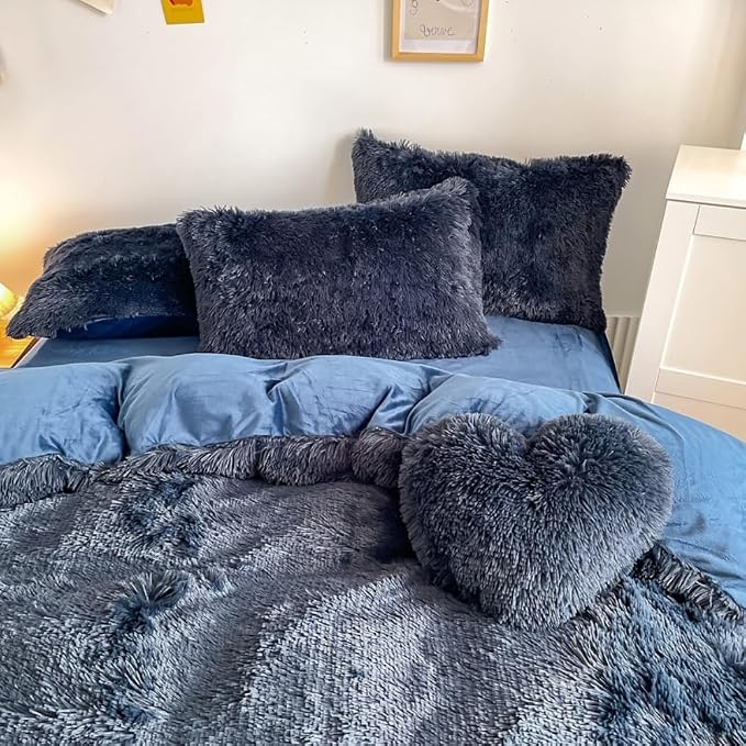 chovy Faux Fur Plush Navy Blue Comforter Sets King - Ultra Soft Shaggy Flannel Velvet Fluffy Fuzzy 3PC Bedding Set (Comforter x 1 Pillowcases x 2)