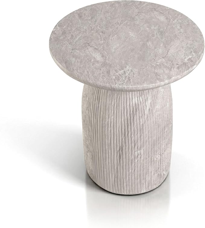 24/7 Shop at Home Ranera Modern 17-inch Natural Stone Side Table with Round Pedestal Base, Marble Nightstand, Fluted Patio End Table, for Living Room, Covered Outdoor Spaces, Light Gray Travertine