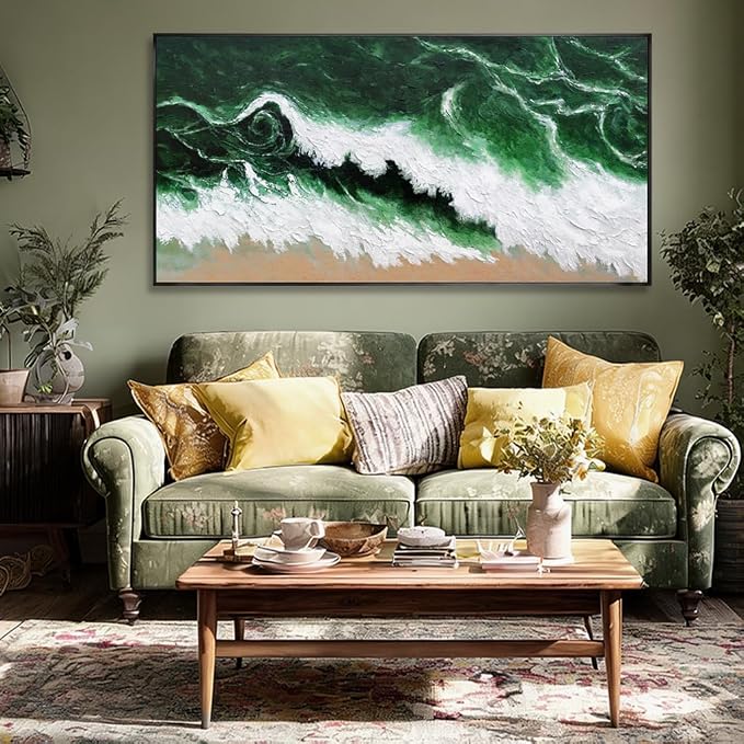 Large Framed Canvas Print Wall Art Abstract Green Wave Nature White Textured Modern Minimalist Art Canvas Wall Decor Living Room 24"x48"