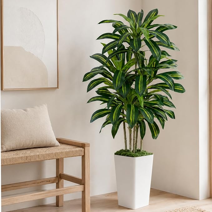 Dracaena Plant Artificial Tree 5Ft Tall Fake Tropical Floor Plants Potted Artificial Silk Tree Leaf Faux Trees White Tall Planter for Home Office Living Room Indoor Outdoor Decor