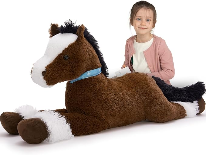 MaoGoLan Large Horse Stuffed Animal for Boy, Big Horse Plush Toy for Girl, Ridable Stuffy Pony for Kids, Coffee Stuffed Pony Plush Pillow for Easter Baby Shower Birthday Party Favor Gifts, 33 inches