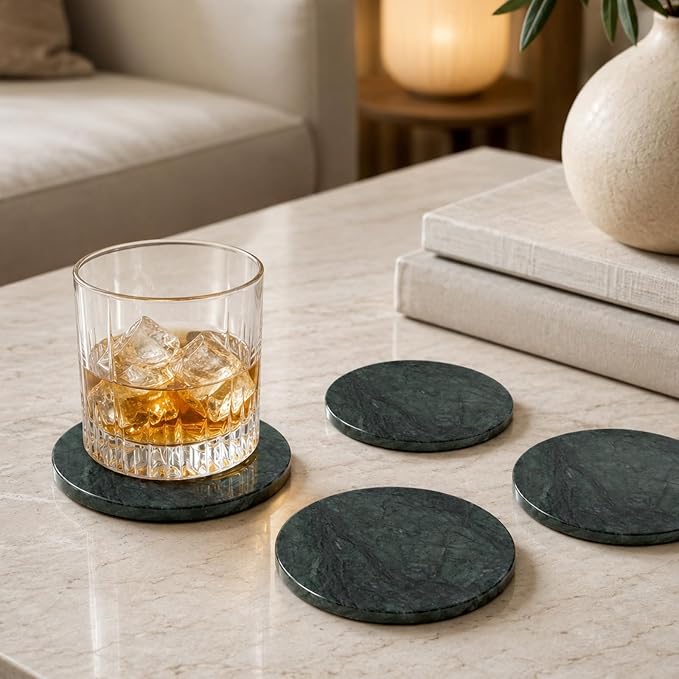 Koville Marble Coasters, Round Modern Coaster Set of 8 for Drinks, 4" Stone Coaster Heat Resistant, Decorative Marble Coasters for Coffee Table Home Bar Decor, Gift Choice(Green)