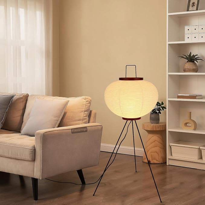 Japanese Rice Paper Floor Lamp, Cozy Paper Lamp Japandi Lantern Lights Wabi Sabi Style for Living Room Bedroom Office, 43 Inch Tripod Stand, White Lantern with E26 LED Bulb, 3000K/5000K