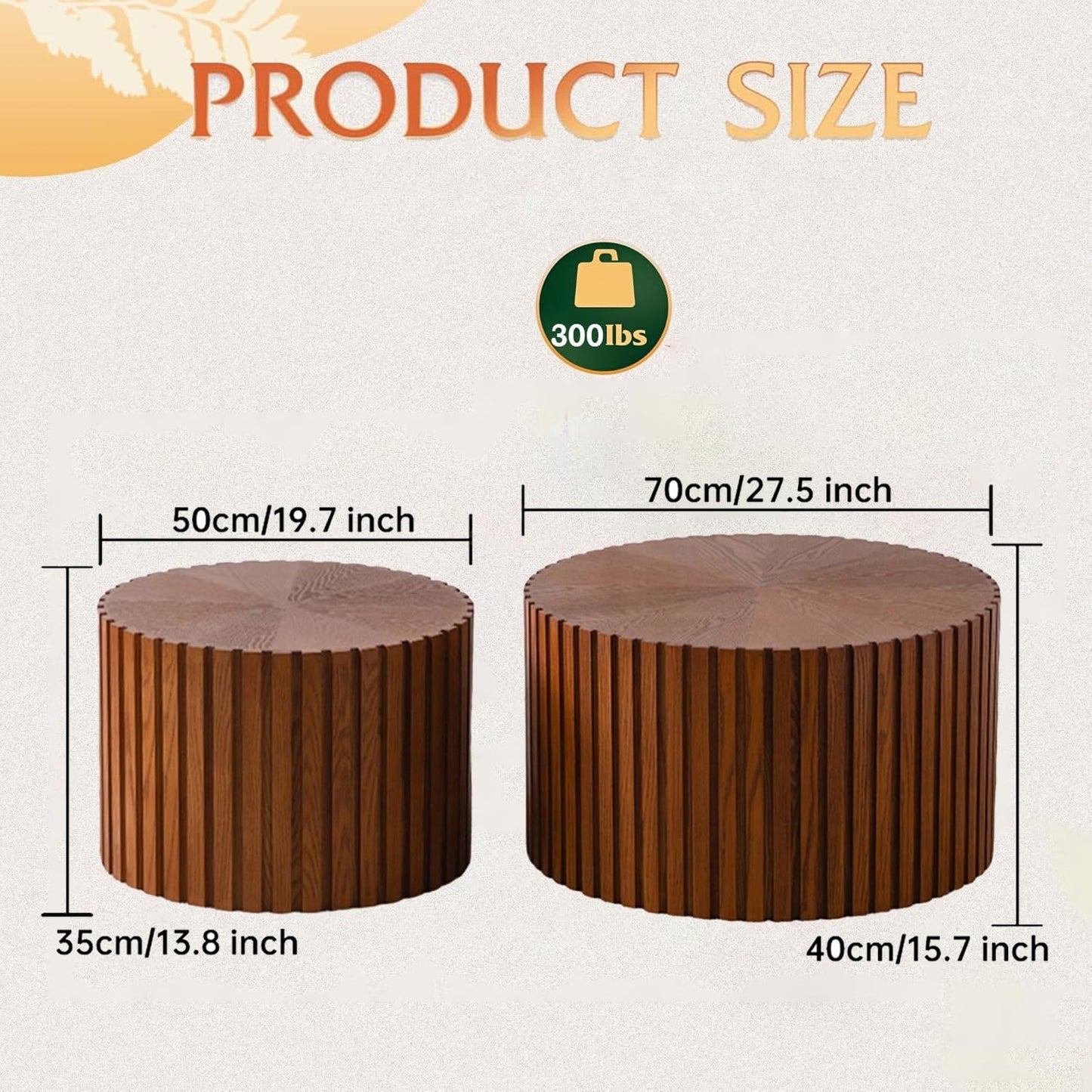 Round Nesting Coffee Table Modern Fluted Coffee Table Set of 2 Circle Drum Coffee Tables Small Round Accent Side End Table for Living Room No Assembly (Brown 27in)