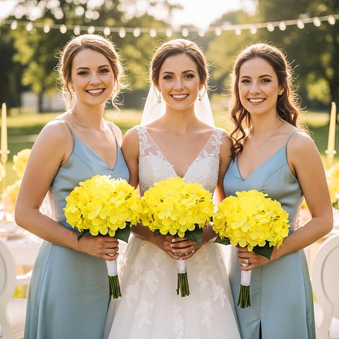 Auihiay 64pcs Hydrangea Artificial Flowers, Yellow Silk Hydrangea Heads with Stems, Hydrangea Flowers for DIY Wedding Centerpiece Baby Shower Home Party Decor (Yellow)