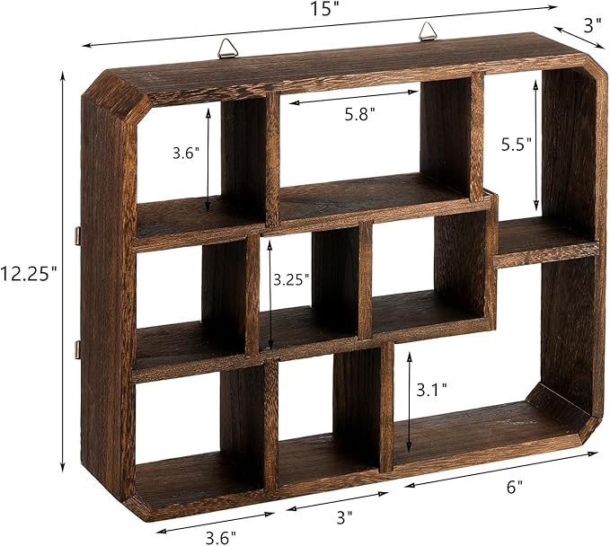 Frcctre Rustic Shadow Box Display Shelf, 9 Compartments Wood Hanging Display Floating Shelves, Multi-Slot Wall Mounted or Freestanding Farmhouse Decor Displays Case
