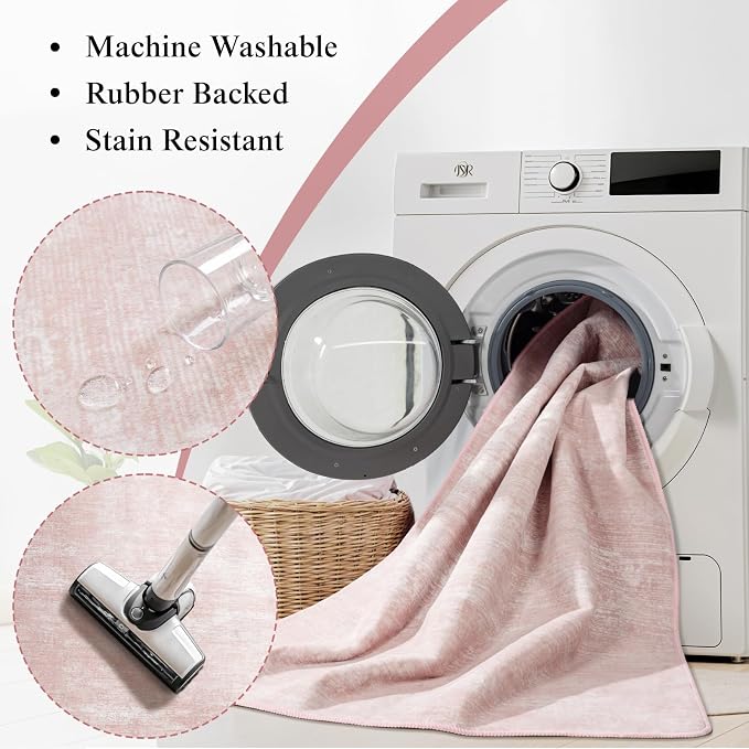 6x9 Washable Area Rug, Pink Solid Area Rugs for Living Room & Bedroom | Stain-resistant & Non-slip backing,Low Pile Washable Large Carpet, Solid Vintage Style For High Traffic Areas(6x9,Pink)