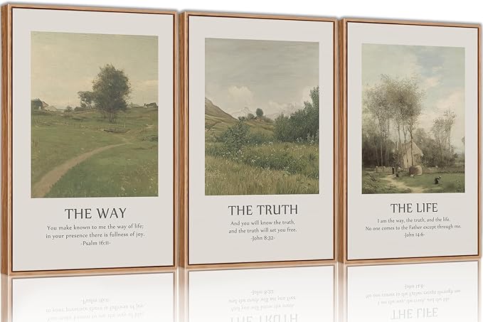 SIKERIC Vintage Christian Bible Verse Wall Art Set of 3, The Way The Truth The Life Framed Canvas Art Painting, Scripture Jesus Art Prints, Modern Village Decoration for Living Room, Church-16x24