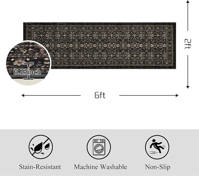 Ruaruarug Washable Area Rug Runner 2×6 for Kitchen Living Room Bedroom, Ultra Soft Non Slip Stain & Fade Resistant, Pet & Kids Friendly, Suitable for High Traffic Areas Easy to Clean, Black Grey