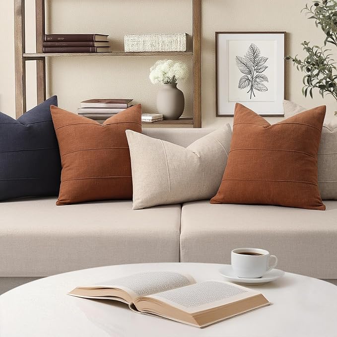 ZWJD Decorative Linen Throw Pillow Covers 16x16 Set of 2 Solid Handcrafted Striped Cushion Covers for Bed Soft Modern Farmhouse Neutral Pillowcase for Couch Bedroom Living Room Home Decor(Rust)
