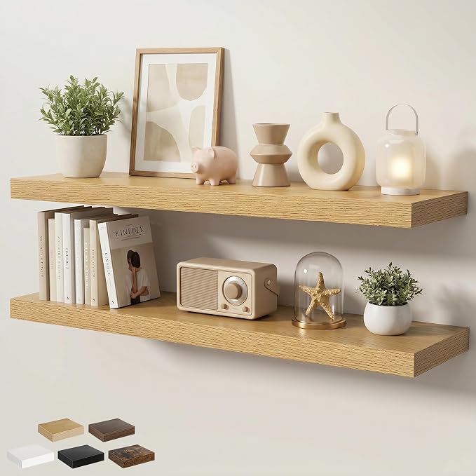 Floating Shelves for Wall 48 in x 9.3 in Deep, Wall Mounted Rustic Wood Shelf with Invisible Brackets for Storage & Display, Living Room Bedroom Bathroom, Oak, 2 Pack