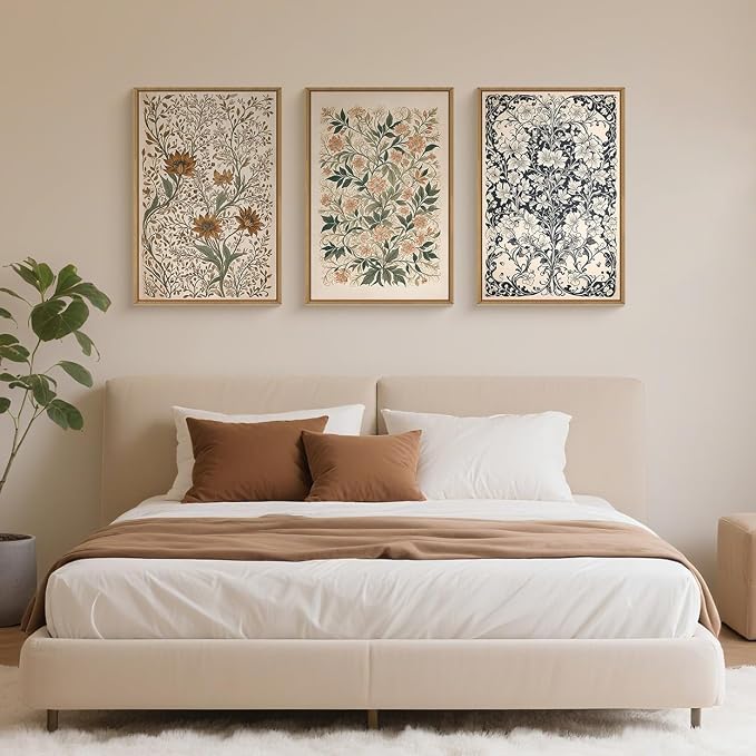 Large Abstract Vintage Flower Framed Canvas Wall Art,Antique Botanical Wall Decor,Neutral Bouquet Wall Painting,Aesthetic Floral Artwork for Living Room,Bedroom,Dining Room,Office -24"x36"x3