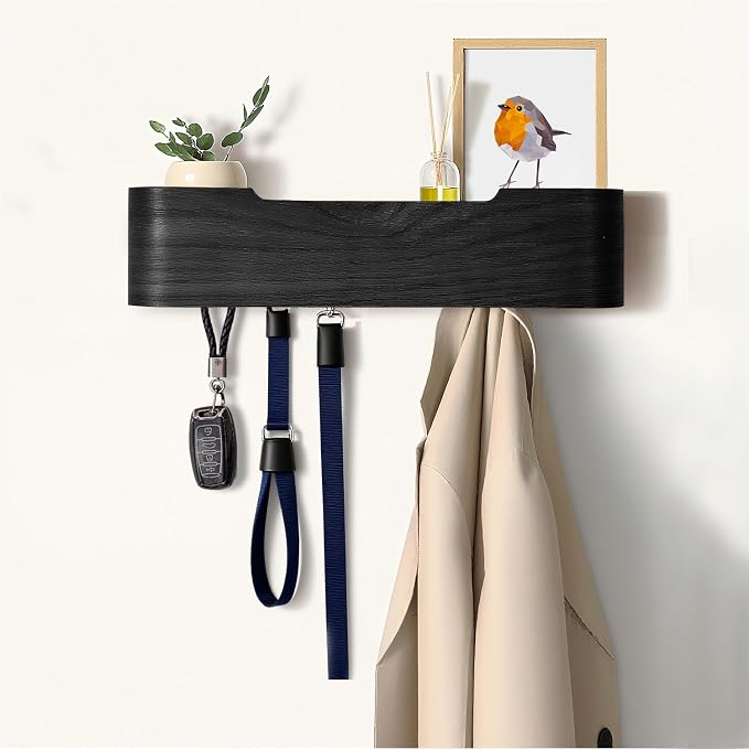 Coat Rack Wall Mount with Hidden Hooks, Wall Hooks with Shelf, Wall Key Holder Mount Wooden Shelf Entryway Hooks for Bedroom Bathroom for Hanging Coats Hats Bags Towels (Black, 4 Hooks)